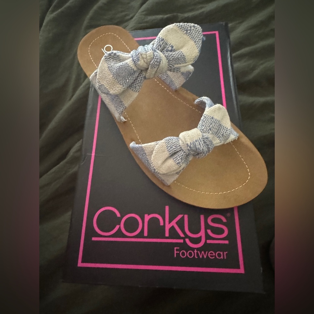 NEW Corkys Blue Natural Stripe Slides